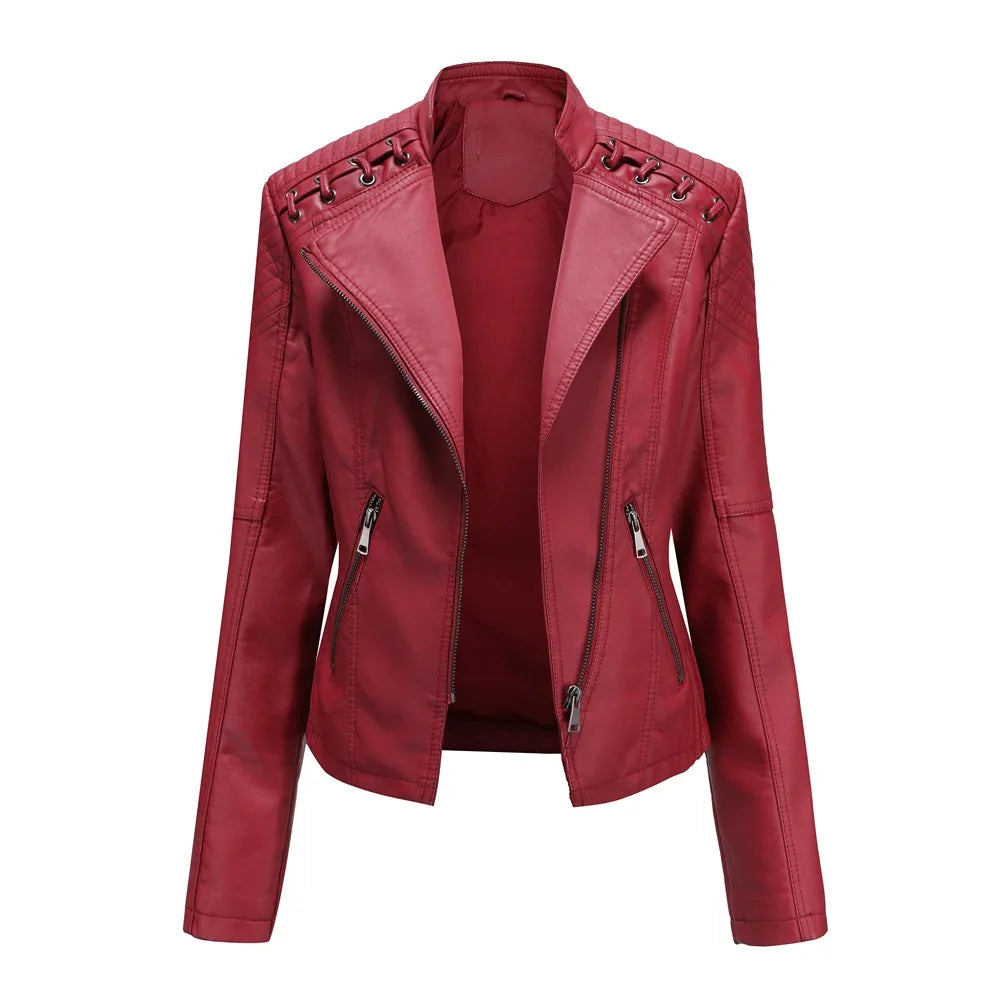Giacca in Pelle da Donna Primavera/Autunno, Slim Fit, Stile Biker, Cappotto Corto in Ecopelle con Colletto Alto e Cerniera