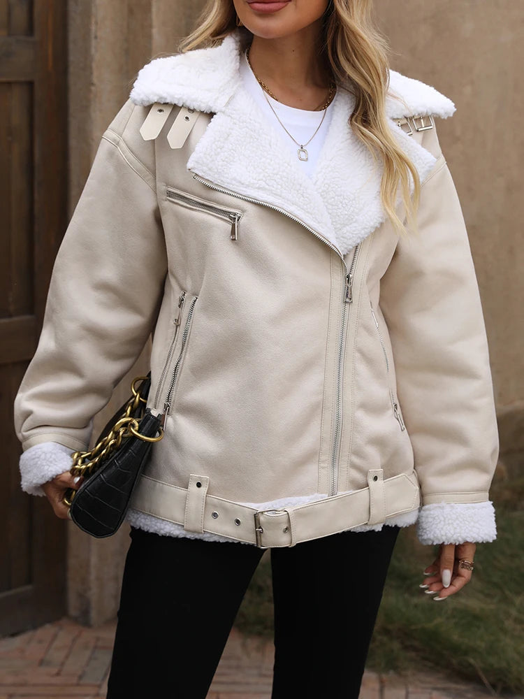 Ailegogo Streetwear Giacca da donna in pelliccia di agnello allentata calda in ecopelle Cintura vintage con cerniera femminile Cappotto spesso chic impiombato
