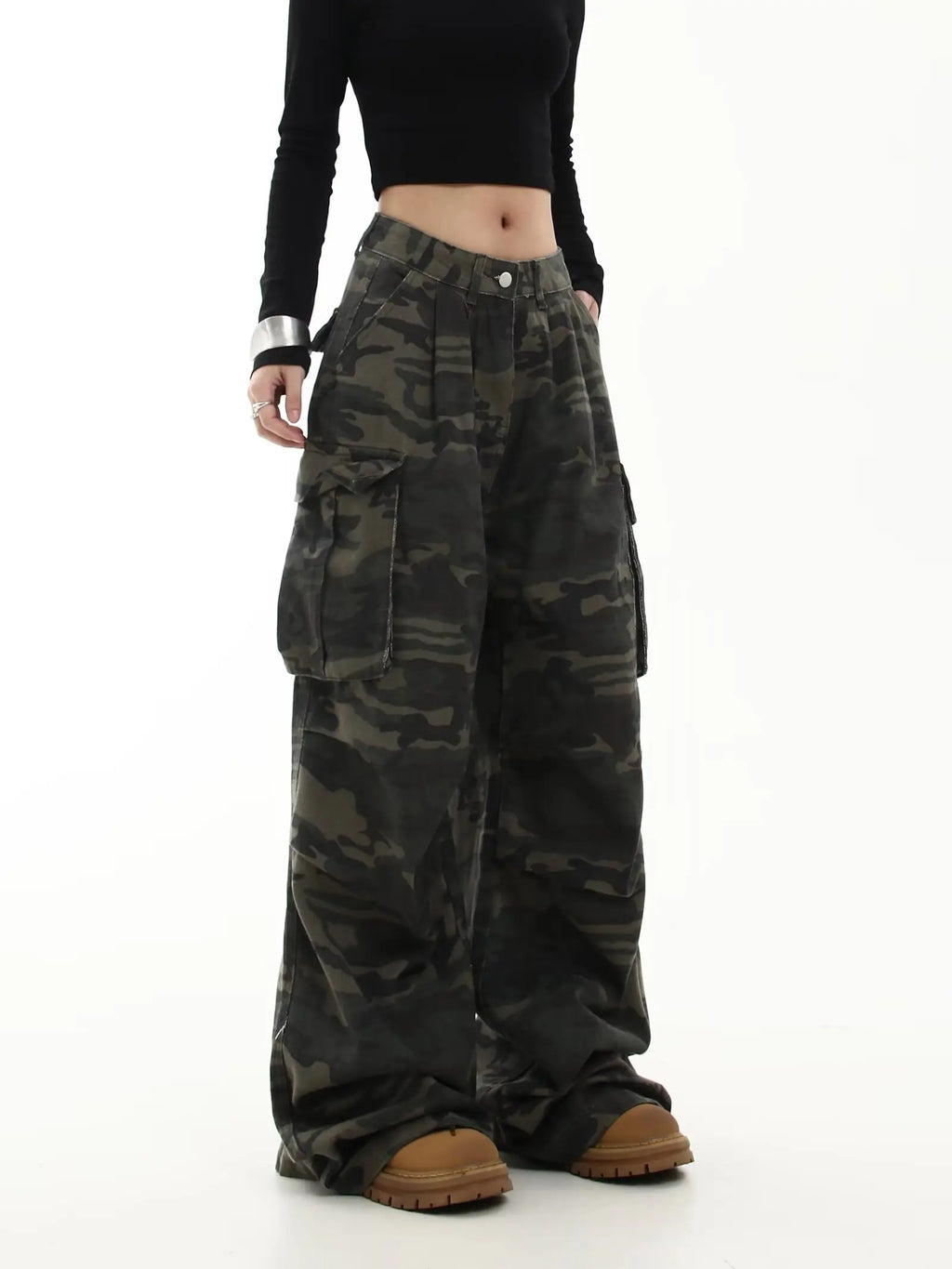 Pantaloni Cargo mimetici donna Y2K Streetwear Jeans a vita bassa pantaloni a gamba larga retrò pantaloni dritti in Denim Harajuku