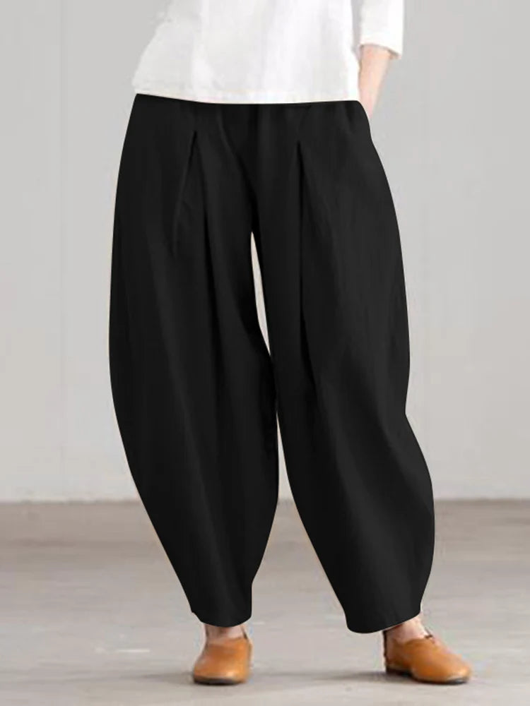 ZANZEA Estate Elastico In Vita Solido Pantaloni Donna Casual Pantaloni Larghi Elegante Allentato Gamba Larga Pantalon Vintage Cotone Rapa 2024