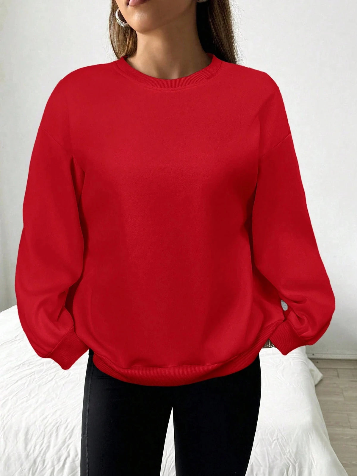 Felpa da donna casual semplice tinta unita ampia a maniche lunghe versione oversize o-collo top basic primavera/autunno streetwear