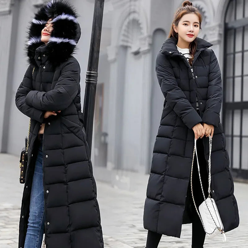 Cappotto Parka lungo in cotone piumino femminile nuovo inverno sopra il ginocchio ampio collo in pelliccia con cappuccio caldo parka spesso soprabito imbottito da donna
