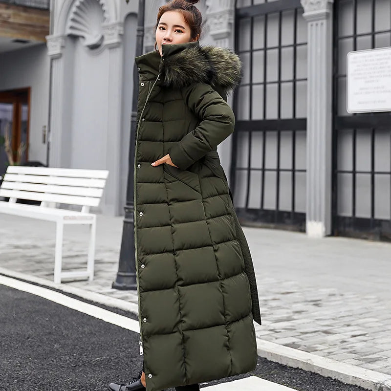 Cappotto Parka lungo in cotone piumino femminile nuovo inverno sopra il ginocchio ampio collo in pelliccia con cappuccio caldo parka spesso soprabito imbottito da donna