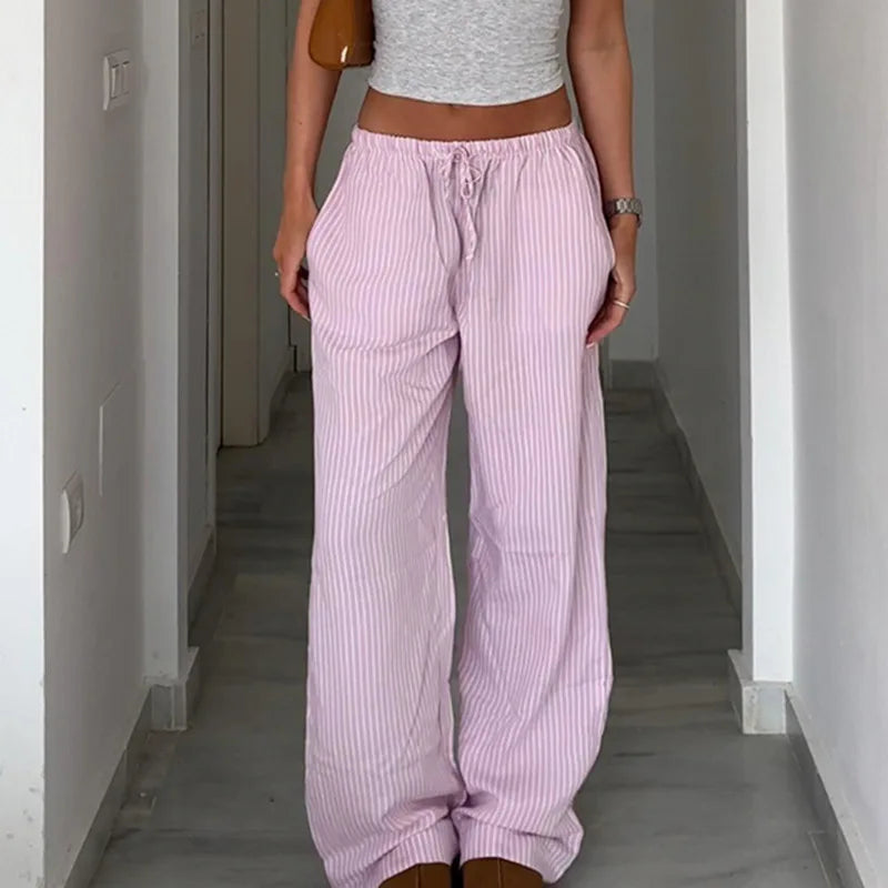 Pantaloni larghi con stampa a righe streetwear Pantaloni da jogging con lacci Moda Y2K Pantaloni larghi Estetici di base anni '90 Pantaloni carini