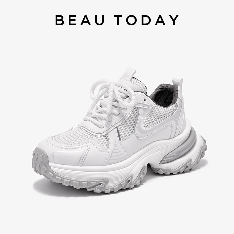 BEAUTODAY Chunky Sneakers Women Mesh Solid Color Patchwork Thick Sole Lace-up 2024 Spring Female Leisure Shoes Handmade 29A03