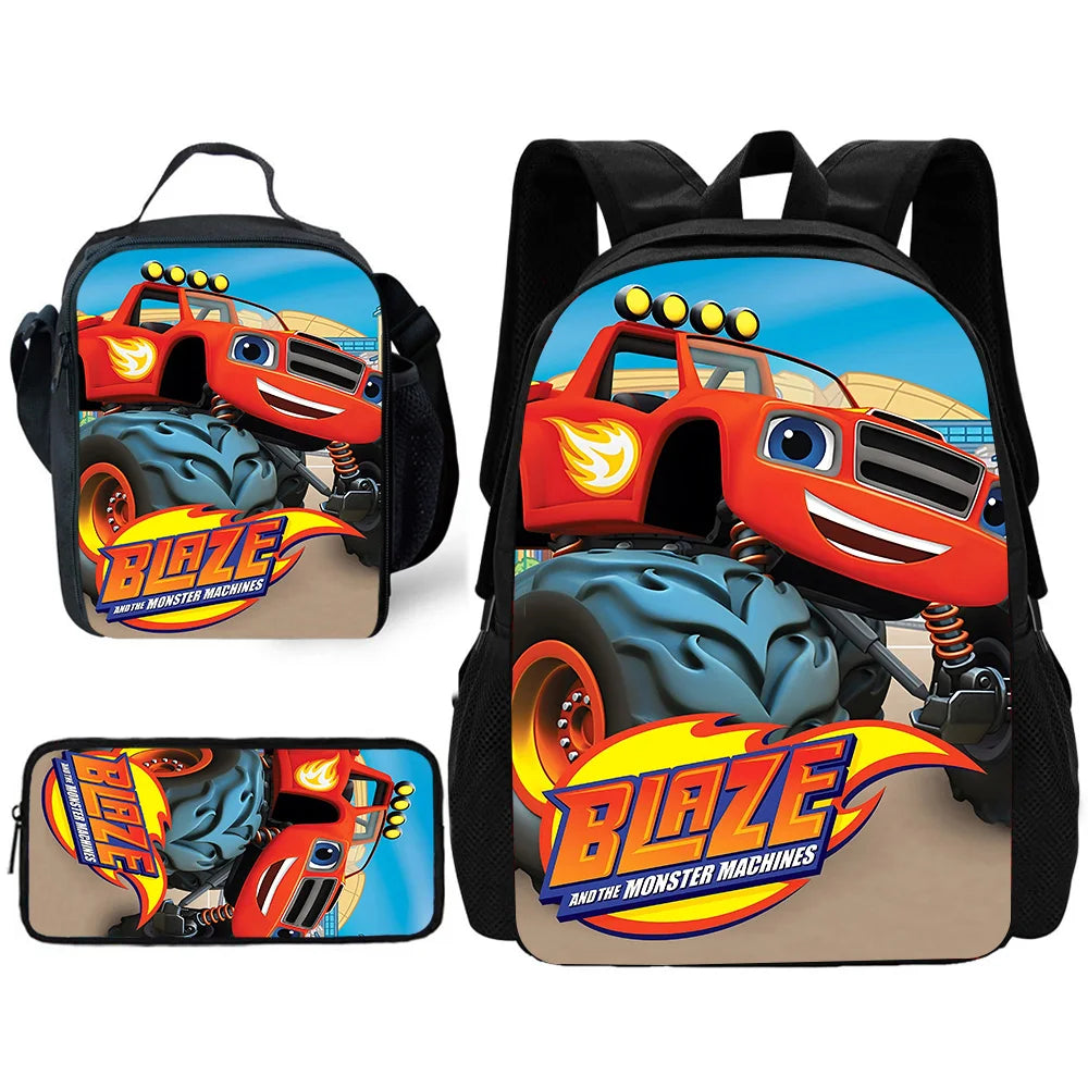 Zaino Scolastico 3D Cartoon Blaze Monster Machines con Borsa Pranzo, Astuccio, Zaino per Bambini e Bambine, Miglior Regalo