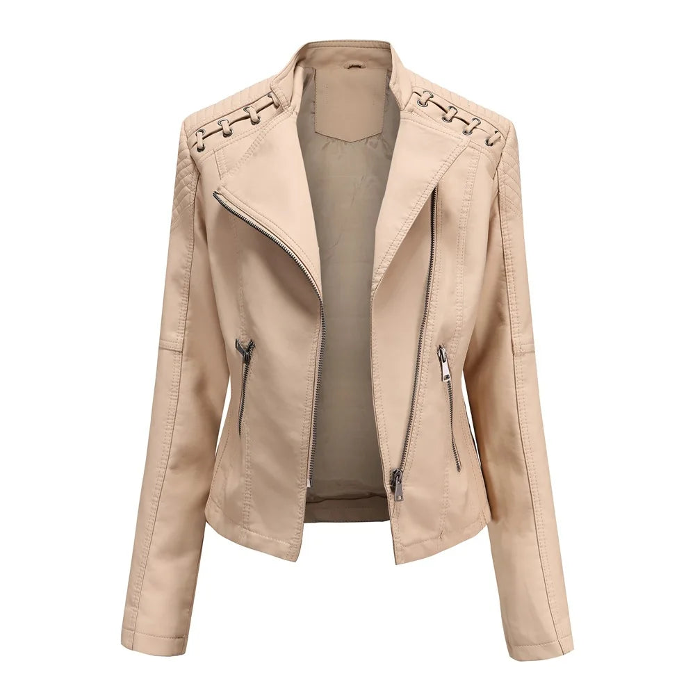 Giacca in Pelle da Donna Primavera/Autunno, Slim Fit, Stile Biker, Cappotto Corto in Ecopelle con Colletto Alto e Cerniera