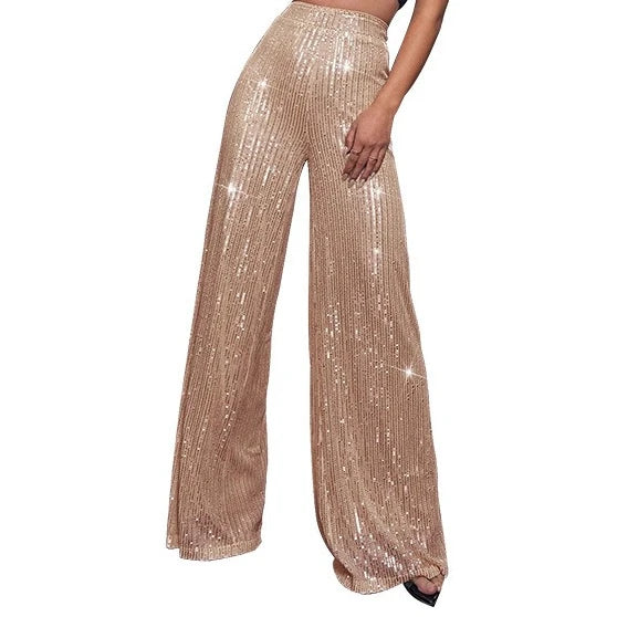 Pantaloni da donna, abbigliamento femminile, vestiti alla moda, pantaloni casual con paillettes, pantaloni eleganti, ampi e fluidi, a gamba larga, hwy5623