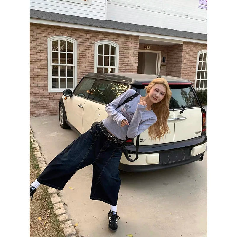 Blu delle Donne Retro Y2K 2000s Gamba Larga Baggy Casual Denim Pantaloni A Vita Alta Jeans Allentati 2024 Autunno Harajuku Pantaloni a Figura Intera