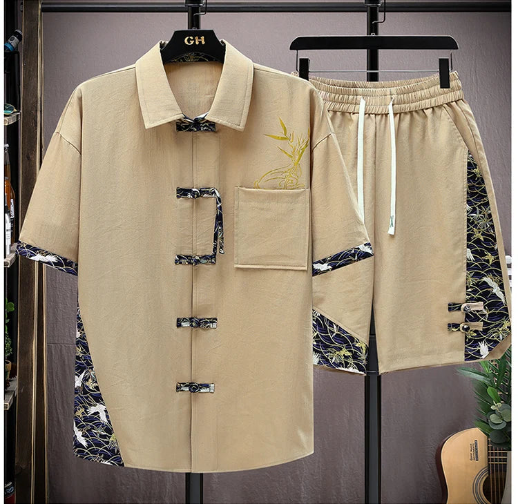 Set estivi uomo moda stampa camicia a maniche corte pantaloncini due pezzi uomo stile cinese Set sciolto Set corto da uomo