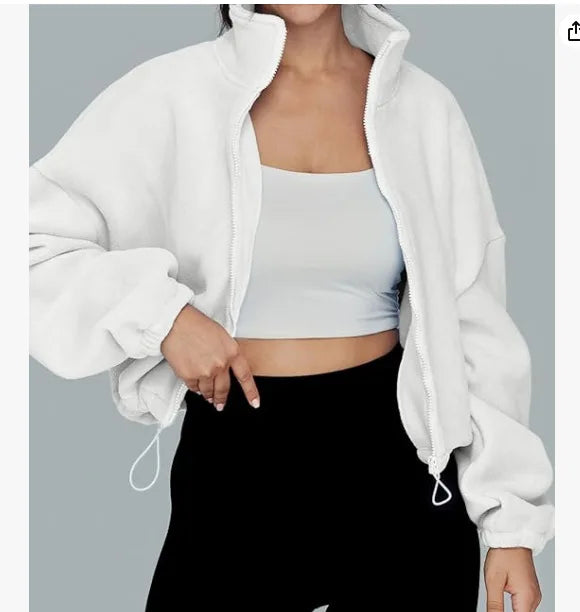 Felpa con cappuccio da donna in pile polare con zip, vestibilità ampia, top corto atletico con colletto rialzato, fori per i pollici e orlo con coulisse per l'autunno inverno