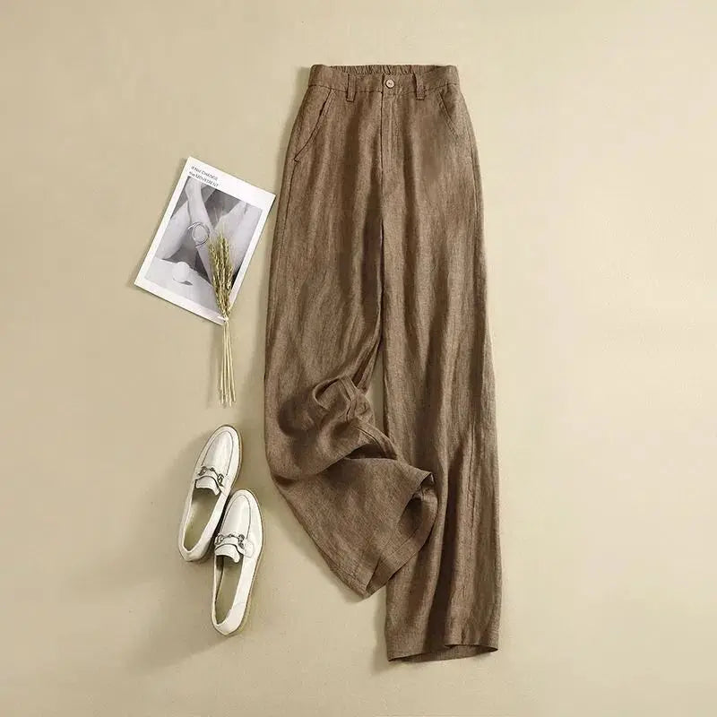 Pantaloni Larghi a Vita Alta in Lino Tinta Unita, Nuovi Modelli Estivi Coreani da Donna, Taglie Grandi, Moda Casual Elegante e Drappeggiata