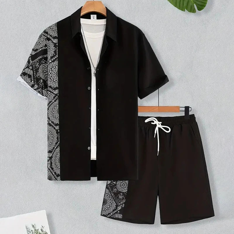 2024 vestito da vacanza estiva dei nuovi uomini camicia con bordo stampato strutturato retrò pantaloncini a maniche corte tuta da piscina traspirante da uomo in due pezzi