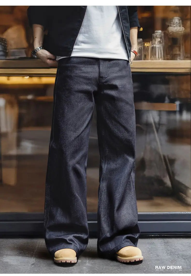 Maden Vintage Jeans da uomo in denim grezzo con cimosa da 15,6 once Pantaloni a gamba larga con cerniera YKK Jeans dritti per l'autunno e l'inverno