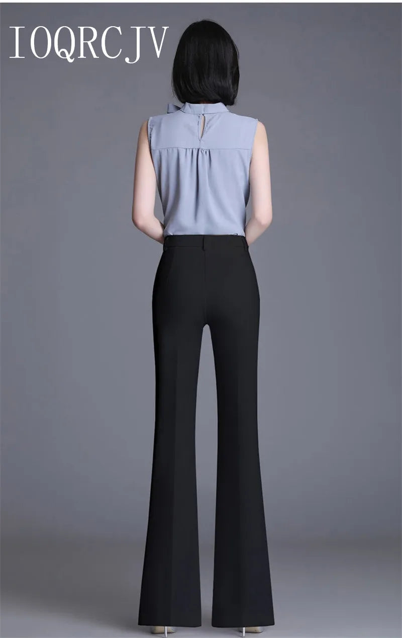 Pantaloni classici a zampa d'elefante bianchi sottili per le donne 2025 Pantaloni estivi a vita alta con fondo a campana sottile Pantaloni da donna da ufficio neri 5XL