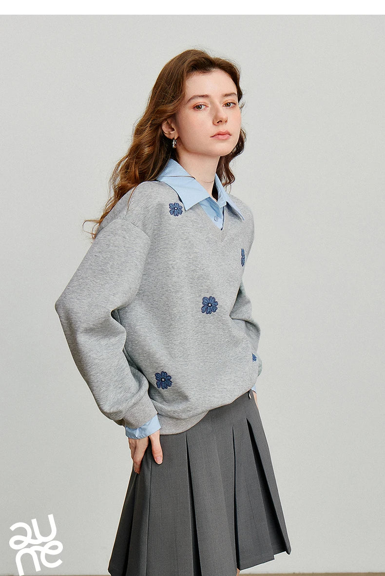 TOYOUTH Felpa da donna 2025 Autunno Nuovo Denim Fiore Ricamo Falso in due pezzi Splicing Colletto rovesciato Pullover casual in cotone