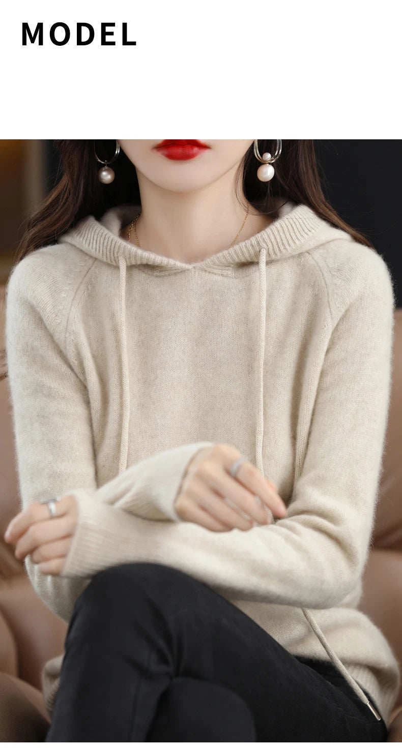 Maglione con cappuccio Moda Donna Autunno Inverno Manica lunga Tinta unita Felpe con cappuccio lavorate a maglia Lady Felpa con cappuccio pullover casual con coulisse allentata