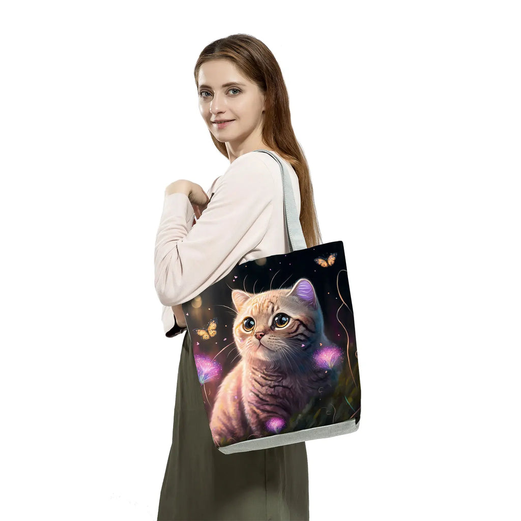 Pretty Cartoon Cat Print borse borse da spiaggia da donna ad alta capacità Cute Animal Graphic Eco borse per la spesa riutilizzabili portatili