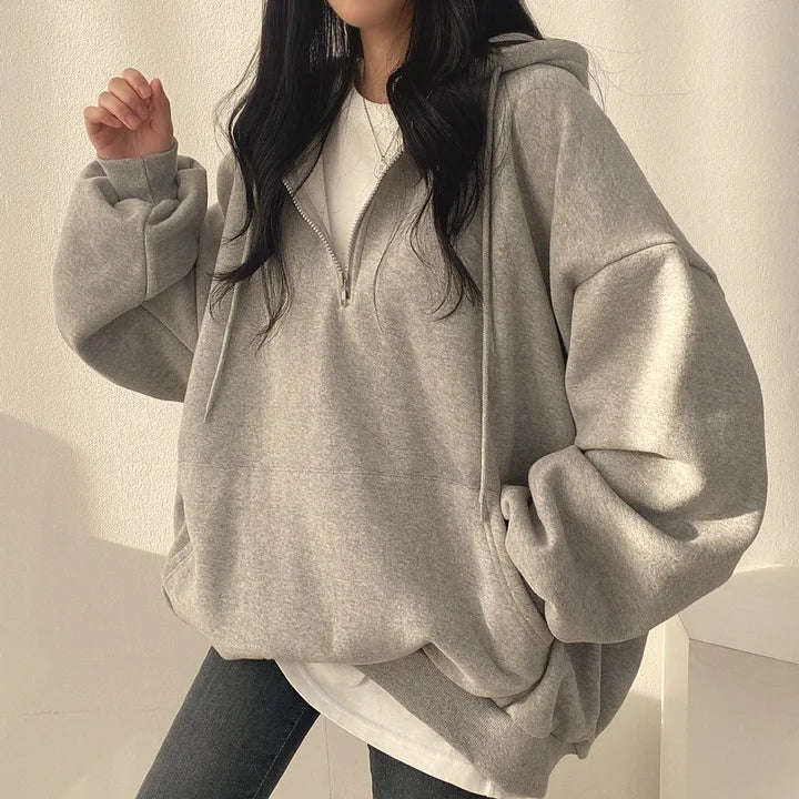 Felpa con cappuccio da donna Harajuku sciolto oversize tinta unita Top mezza Zip felpa donna Casual manica lunga tasca cappotti con cappuccio 2023