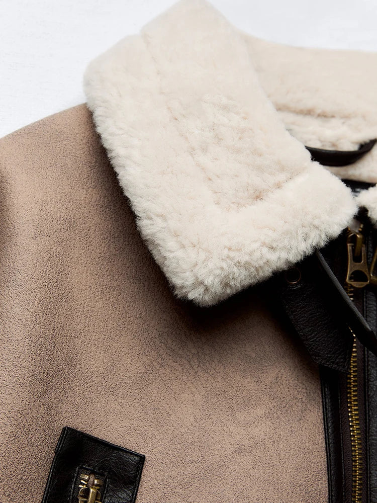 Ailegogo Streetwear donna retrò sciolto impiombato ecopelle morbida pelliccia giacca corta invernale femminile cintura con cerniera cappotto capispalla vintage