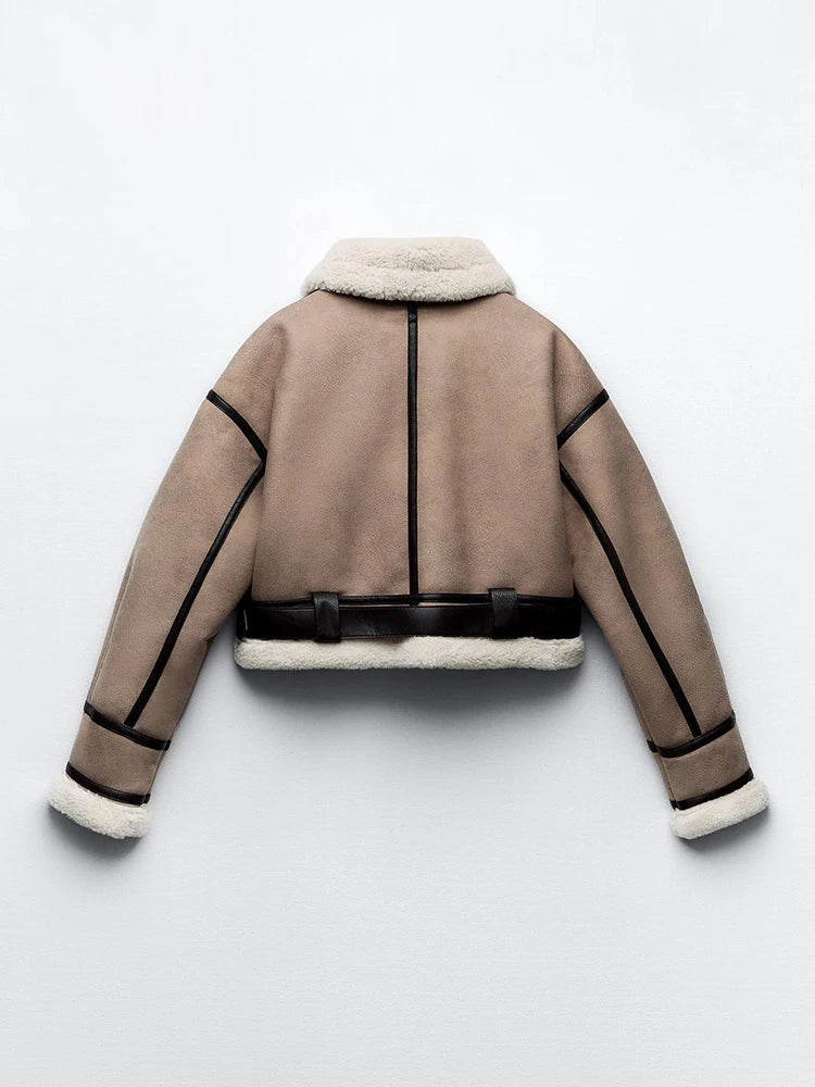 Ailegogo Streetwear donna retrò sciolto impiombato ecopelle morbida pelliccia giacca corta invernale femminile cintura con cerniera cappotto capispalla vintage