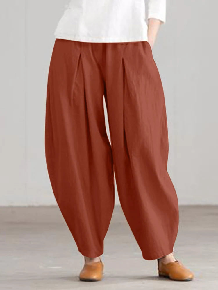 ZANZEA Estate Elastico In Vita Solido Pantaloni Donna Casual Pantaloni Larghi Elegante Allentato Gamba Larga Pantalon Vintage Cotone Rapa 2024