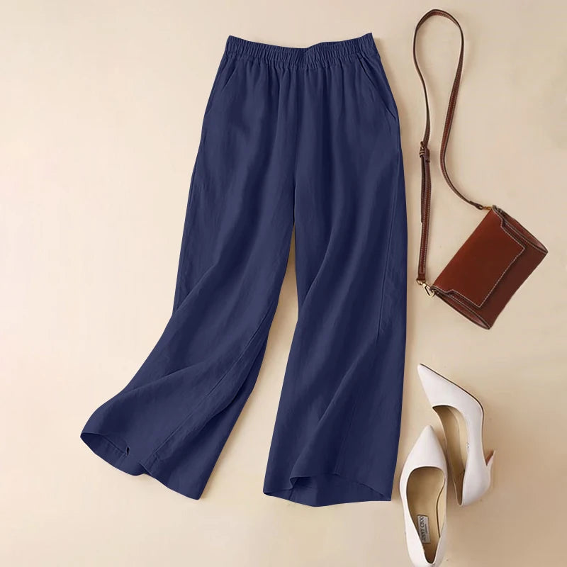 ZANZEA-Pantaloni Estivi da Donna in Cotone e Lino con Vita Elastica, Gamba Larga, Casual, Leggeri, Tinta Unita, Pantaloni Palazzo