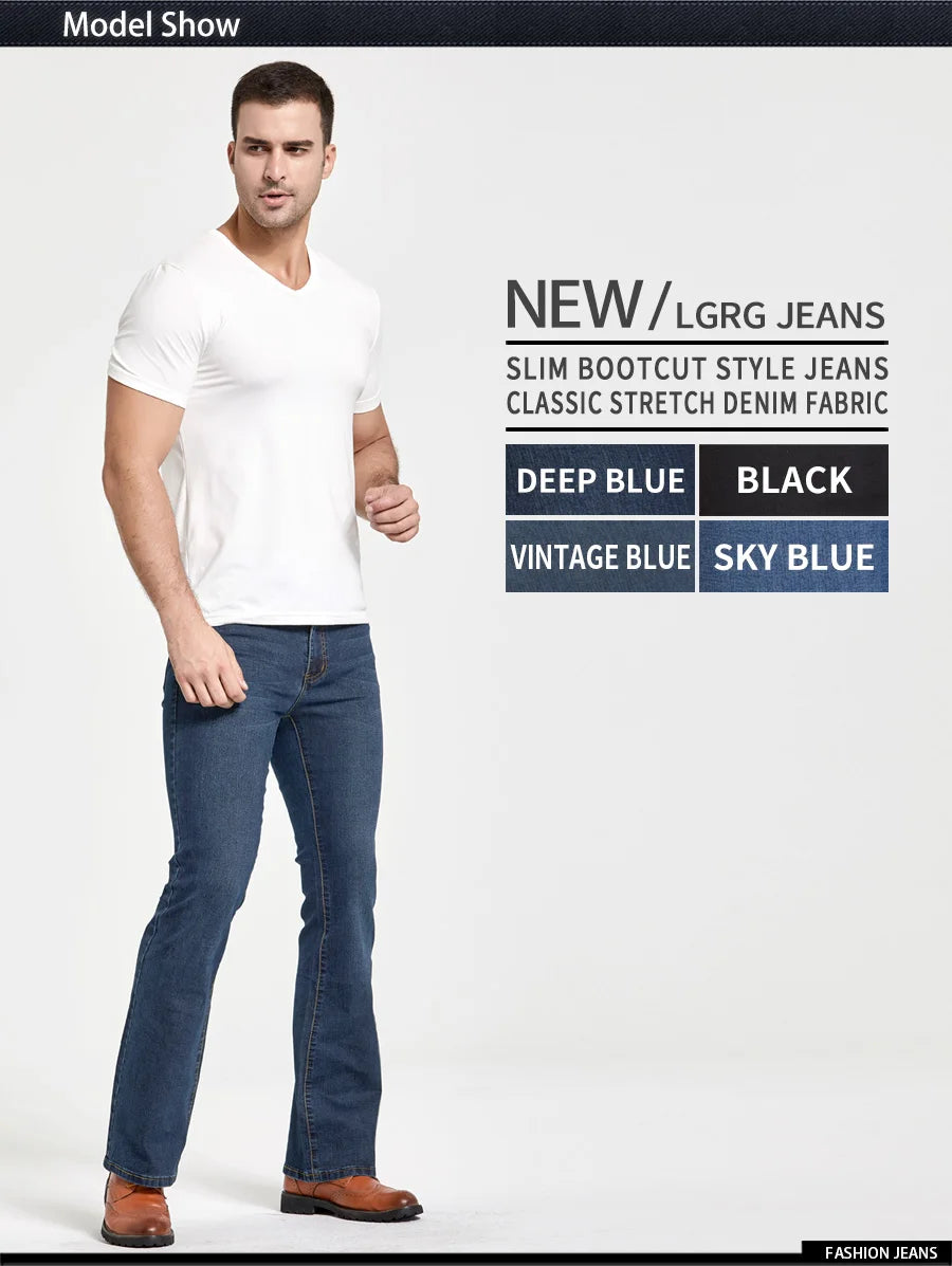 Jeans da uomo con taglio a stivale Pantaloni slim fit blu neri leggermente svasati Pantaloni classici in denim elasticizzato da uomo firmati
