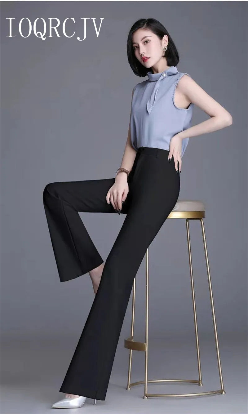 Pantaloni classici a zampa d'elefante bianchi sottili per le donne 2025 Pantaloni estivi a vita alta con fondo a campana sottile Pantaloni da donna da ufficio neri 5XL