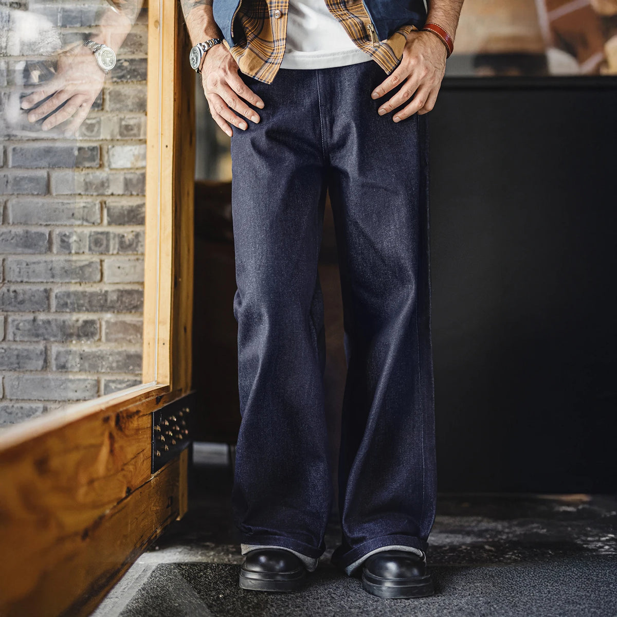 Maden Vintage Jeans da uomo in denim grezzo con cimosa da 15,6 once Pantaloni a gamba larga con cerniera YKK Jeans dritti per l'autunno e l'inverno