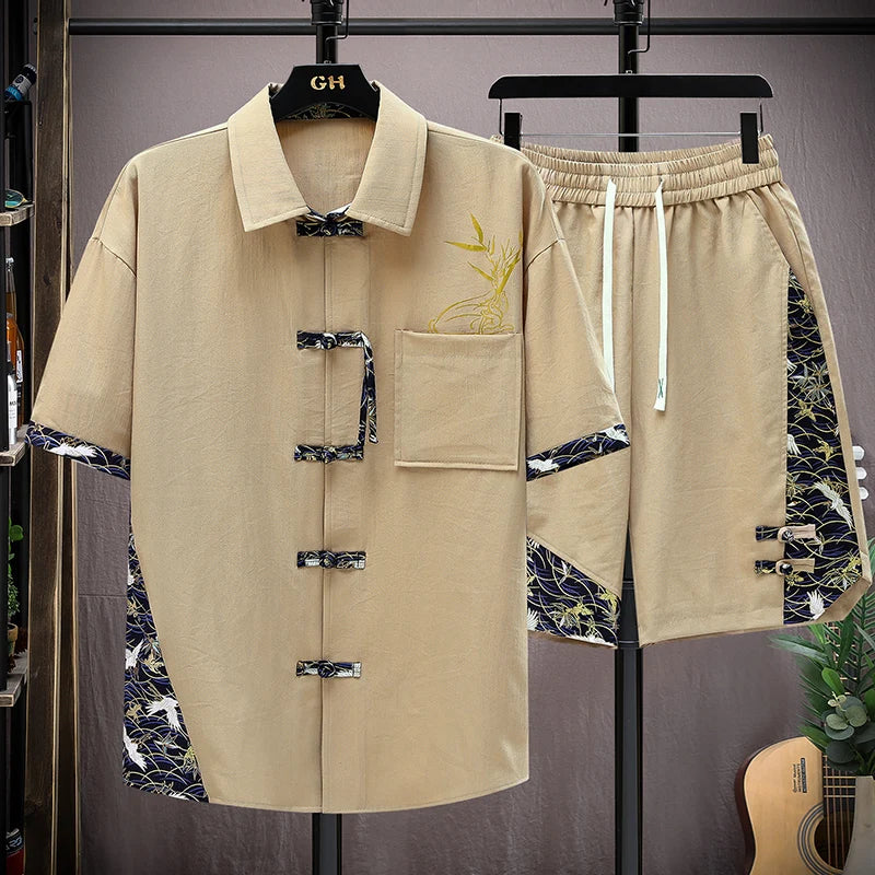 Set estivi uomo moda stampa camicia a maniche corte pantaloncini due pezzi uomo stile cinese Set sciolto Set corto da uomo