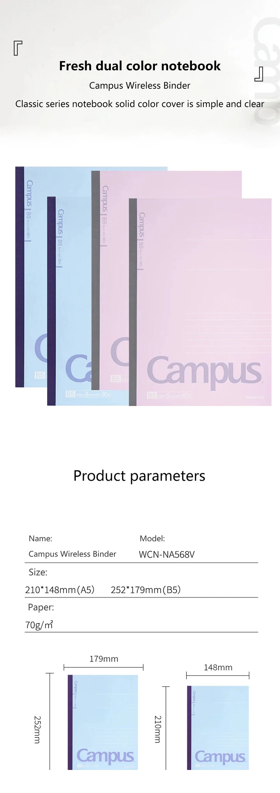 Japan KOKUYO Notebook 80 Pages Campus B5/A5 Soft Surface Wireless Binding Horizontal Line School Office Stationery