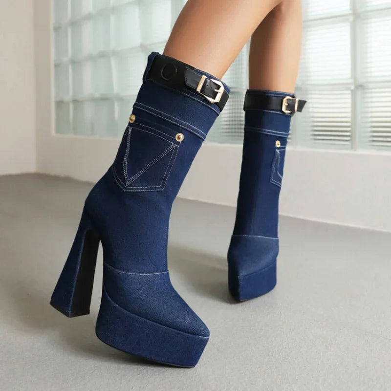 Stivaletti in Denim con Pelliccia Corta, Suola Spessa, Tacco Alto 15cm, Punta Affusolata, Elastici, Taglie 34-45, Nuova Collezione Invernale 2024 per Donna
