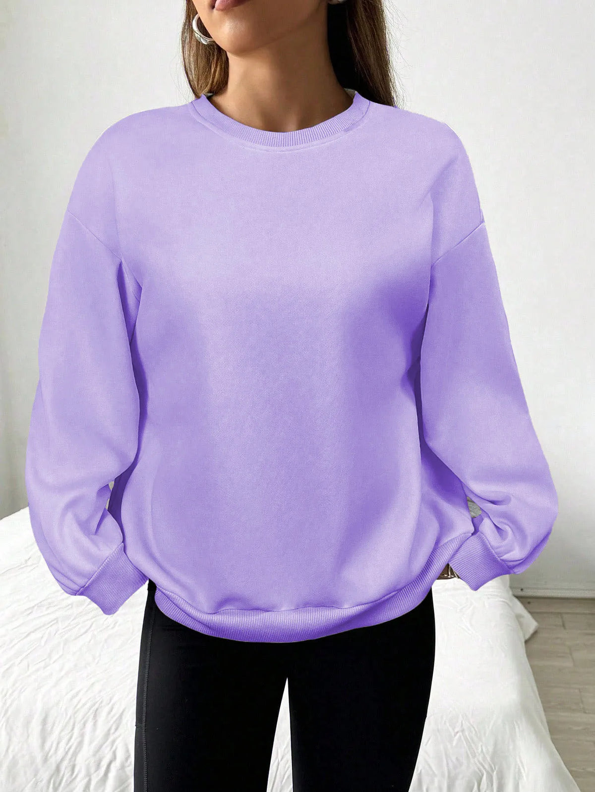 Felpa da donna casual semplice tinta unita ampia a maniche lunghe versione oversize o-collo top basic primavera/autunno streetwear