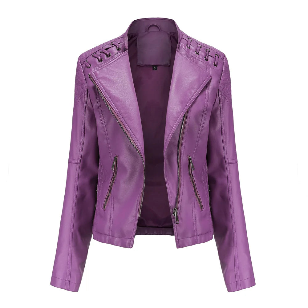 Giacca in Pelle da Donna Primavera/Autunno, Slim Fit, Stile Biker, Cappotto Corto in Ecopelle con Colletto Alto e Cerniera