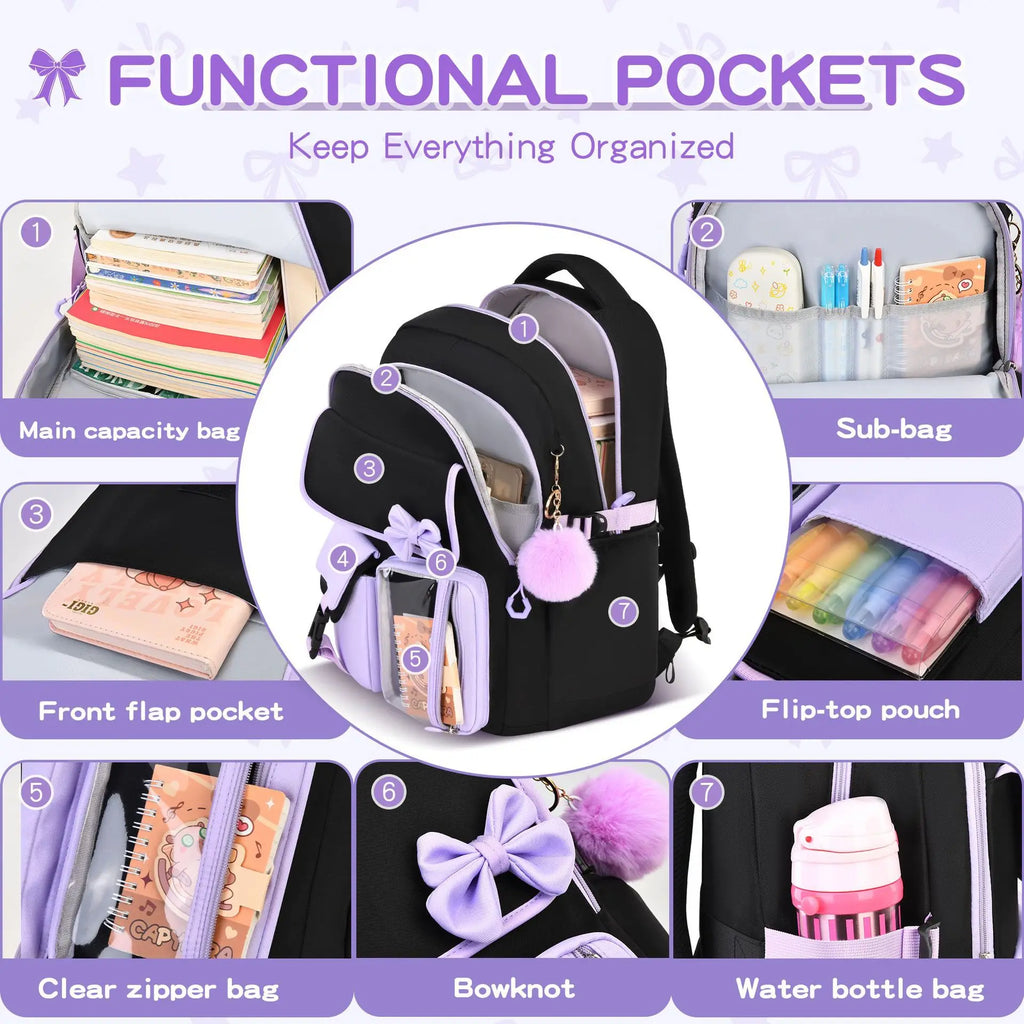 Zaino scolastico elementare multitasche per ragazze, zaino ergonomico impermeabile con fiocco, set di zaini per viaggi all'aperto e uso quotidiano