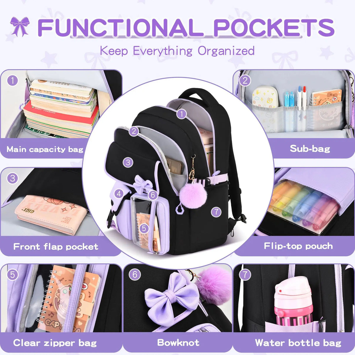 Zaino scolastico elementare multitasche per ragazze, zaino ergonomico impermeabile con fiocco, set di zaini per viaggi all'aperto e uso quotidiano