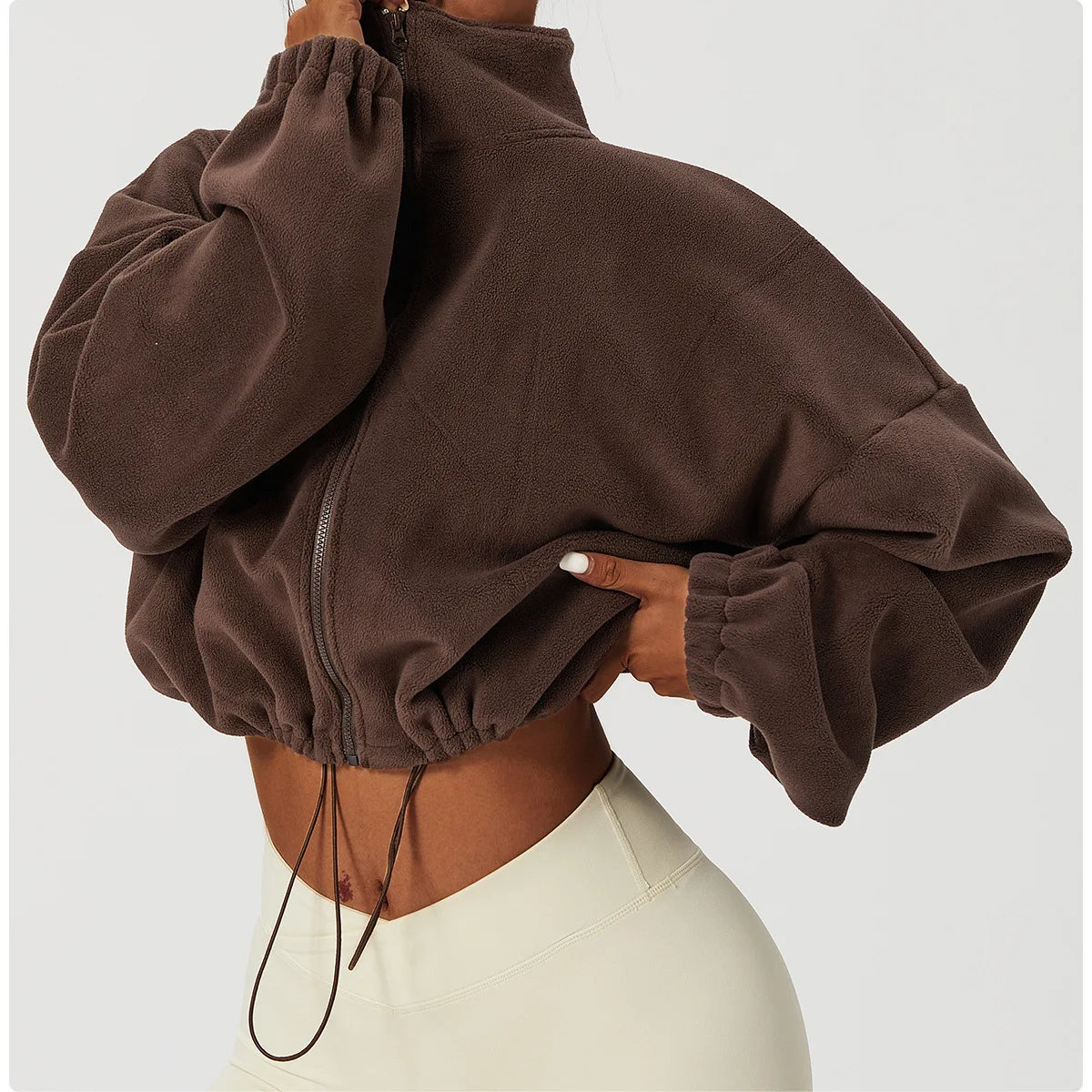 Felpa con cappuccio da donna in pile polare con zip, vestibilità ampia, top corto atletico con colletto rialzato, fori per i pollici e orlo con coulisse per l'autunno inverno