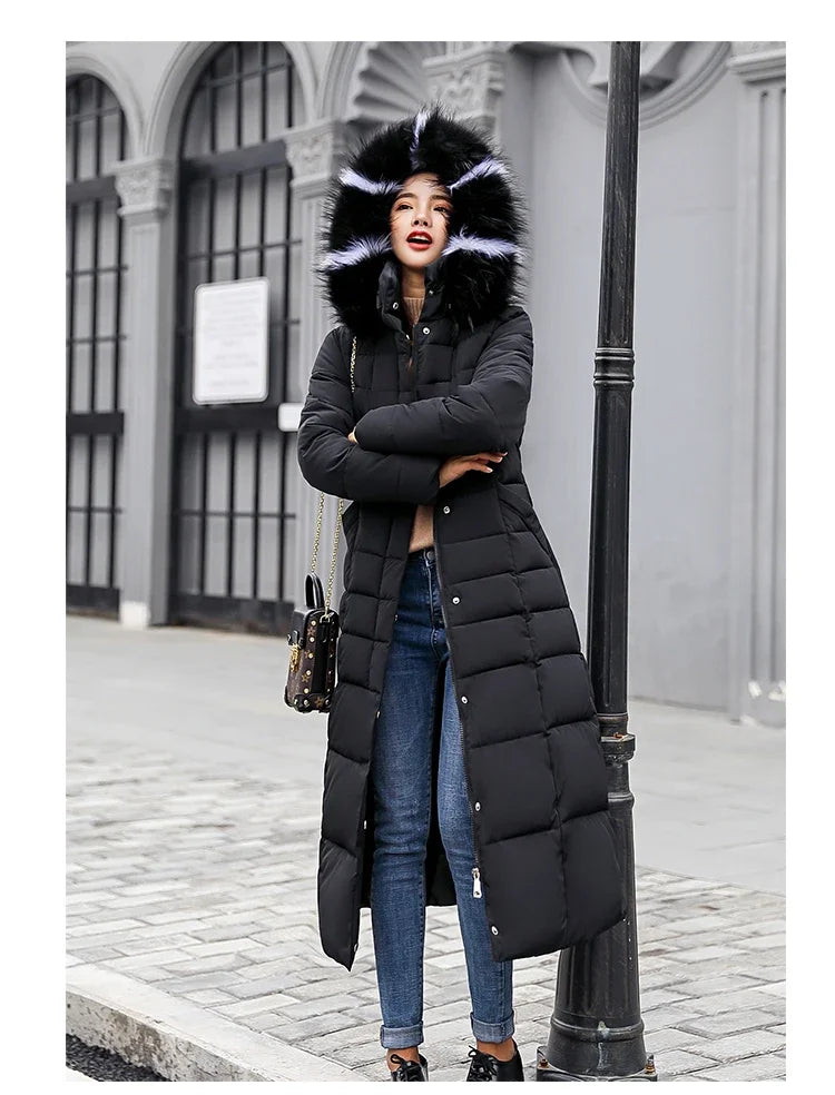 Cappotto Parka lungo in cotone piumino femminile nuovo inverno sopra il ginocchio ampio collo in pelliccia con cappuccio caldo parka spesso soprabito imbottito da donna