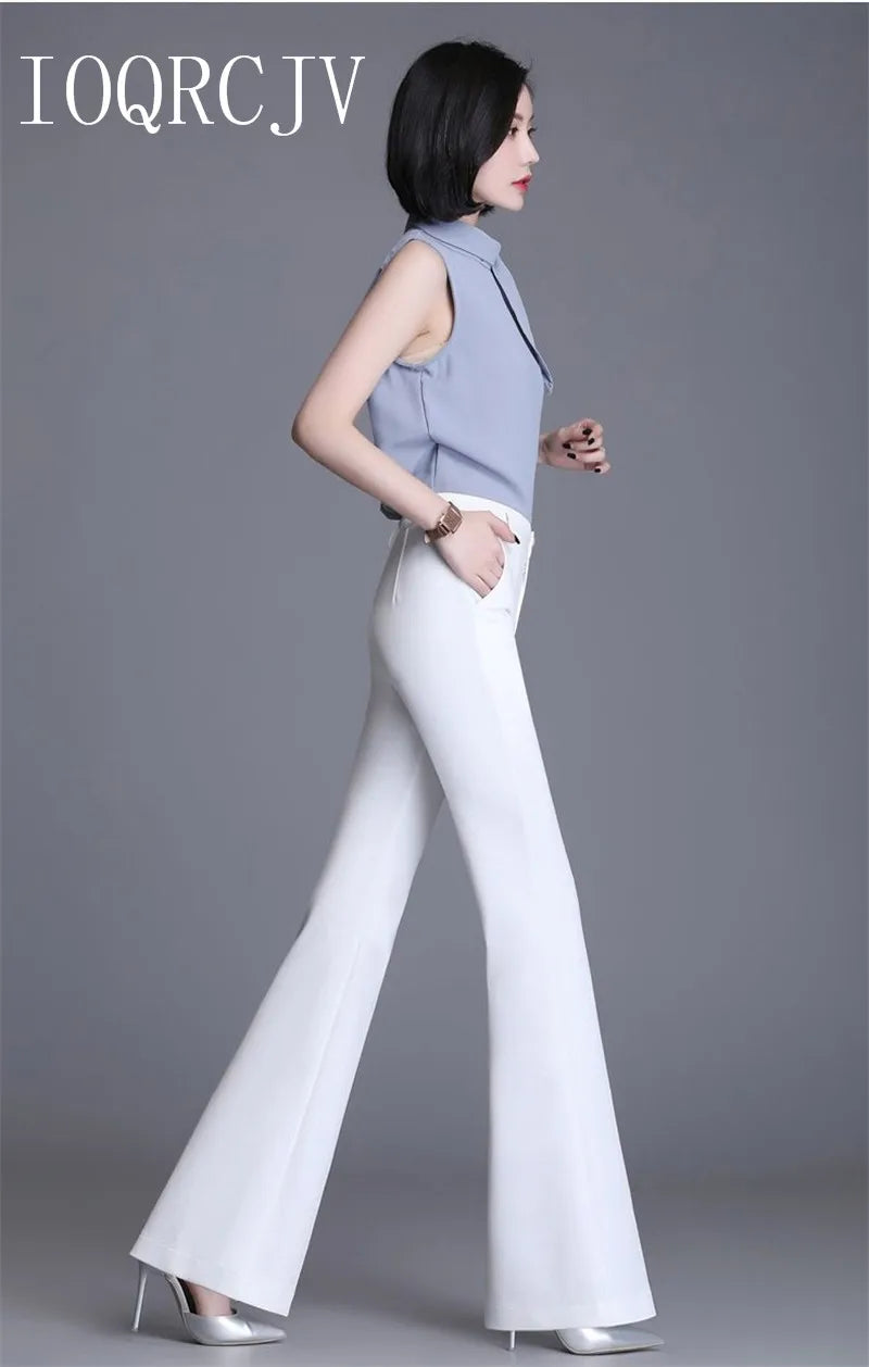 Pantaloni classici a zampa d'elefante bianchi sottili per le donne 2025 Pantaloni estivi a vita alta con fondo a campana sottile Pantaloni da donna da ufficio neri 5XL