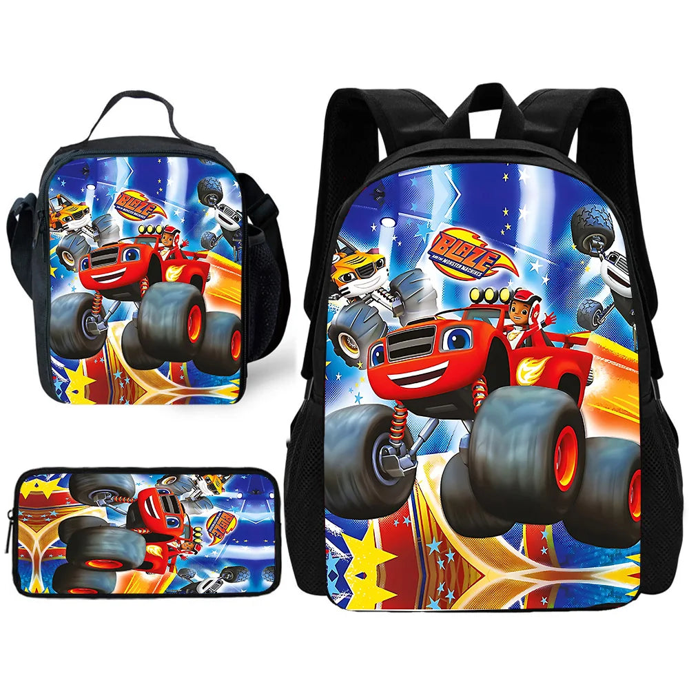 Zaino Scolastico 3D Cartoon Blaze Monster Machines con Borsa Pranzo, Astuccio, Zaino per Bambini e Bambine, Miglior Regalo