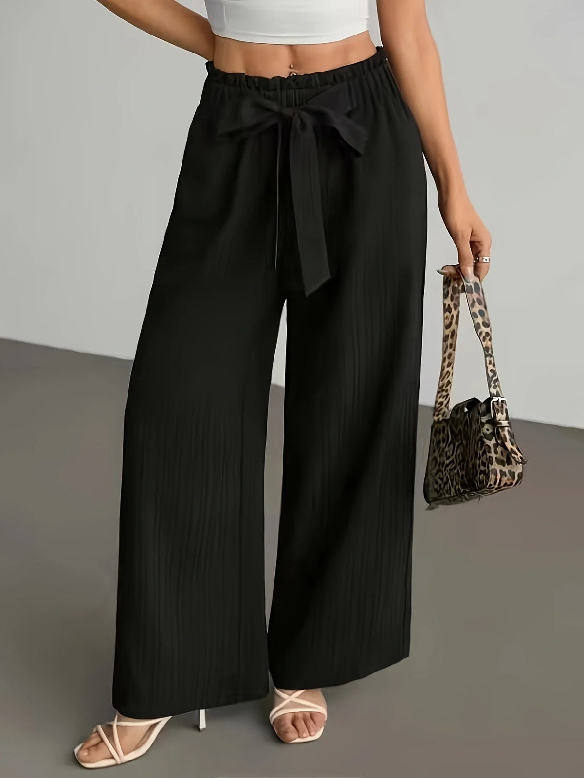 Pantaloni Larghi da Donna con Vita Arricciata e Laccio, Pantaloni Casual a Righe Drappeggiati, Pantaloni Dritti a Vita Alta e Lunghezza Maxi