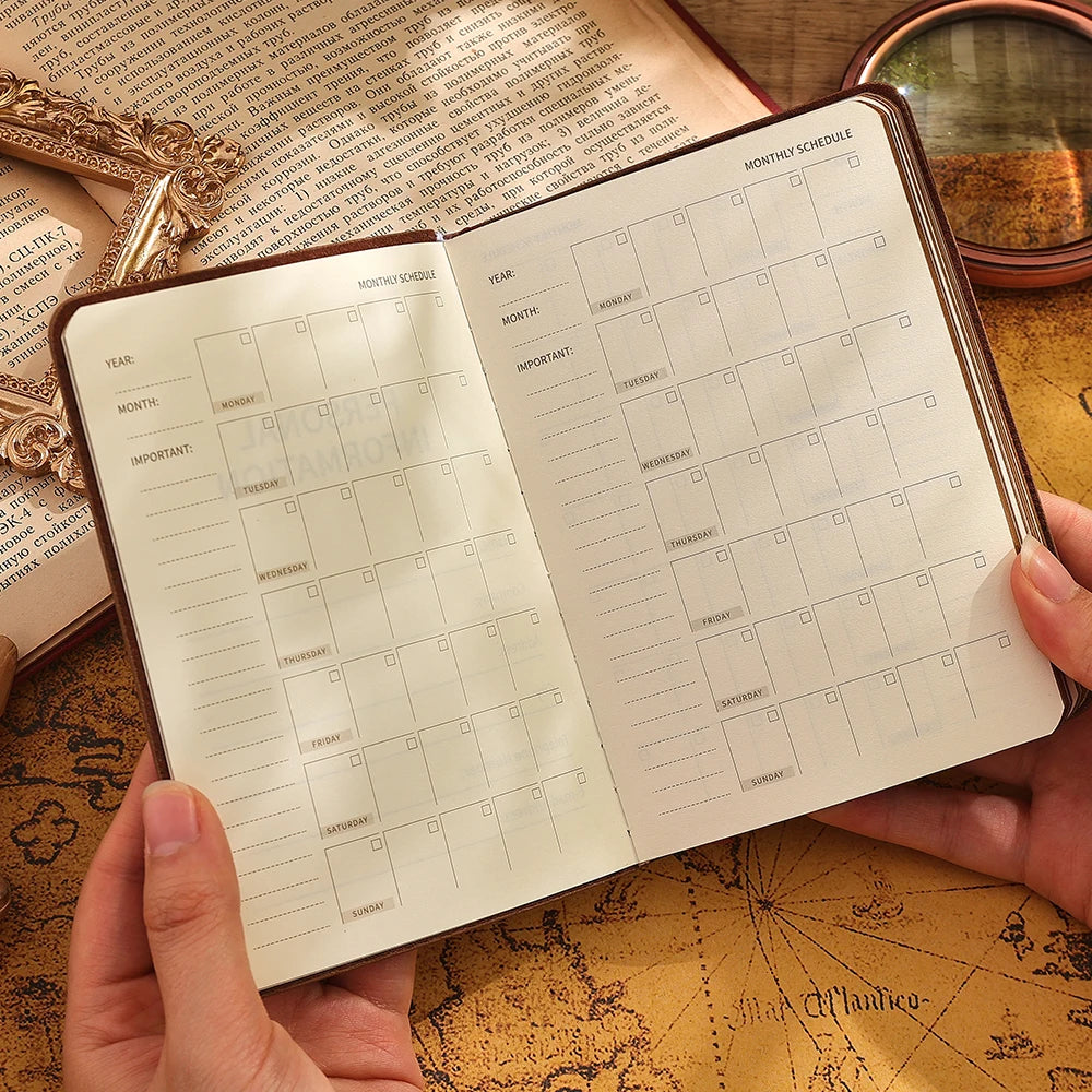 144 Sheets A6 Vintage PU Leather Journal Book Portable Lined Thick Paper Notebook Writing Diary Monthly Schedule Weekly Planner