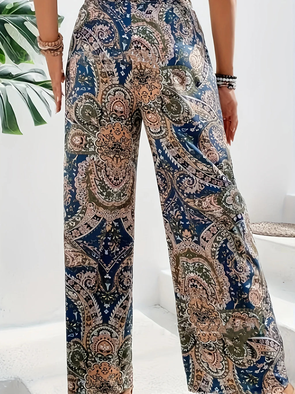 Pantaloni lunghi a gamba larga stampati in vita elastica a vita alta bohémien Abiti da donna Pantaloni casual dritti Estate Nuova tendenza vintage