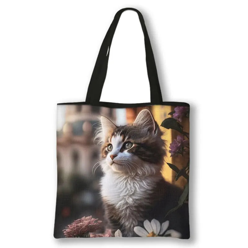 Borsa a tracolla con stampa gattino Kawaii Animali Gatti Cartoon Grafica Totes Borse Borsa da donna di grande capacità Borse shopper riutilizzabili Regalo