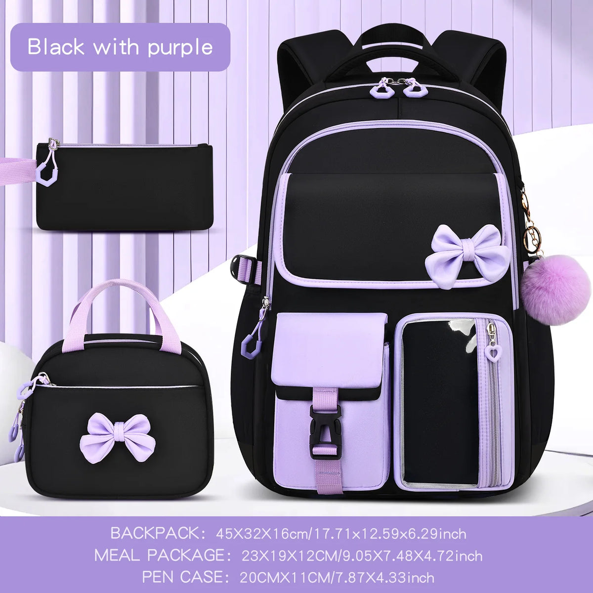 Zaino scolastico elementare multitasche per ragazze, zaino ergonomico impermeabile con fiocco, set di zaini per viaggi all'aperto e uso quotidiano