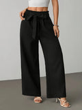 Pantaloni Larghi da Donna con Vita Arricciata e Laccio, Pantaloni Casual a Righe Drappeggiati, Pantaloni Dritti a Vita Alta e Lunghezza Maxi