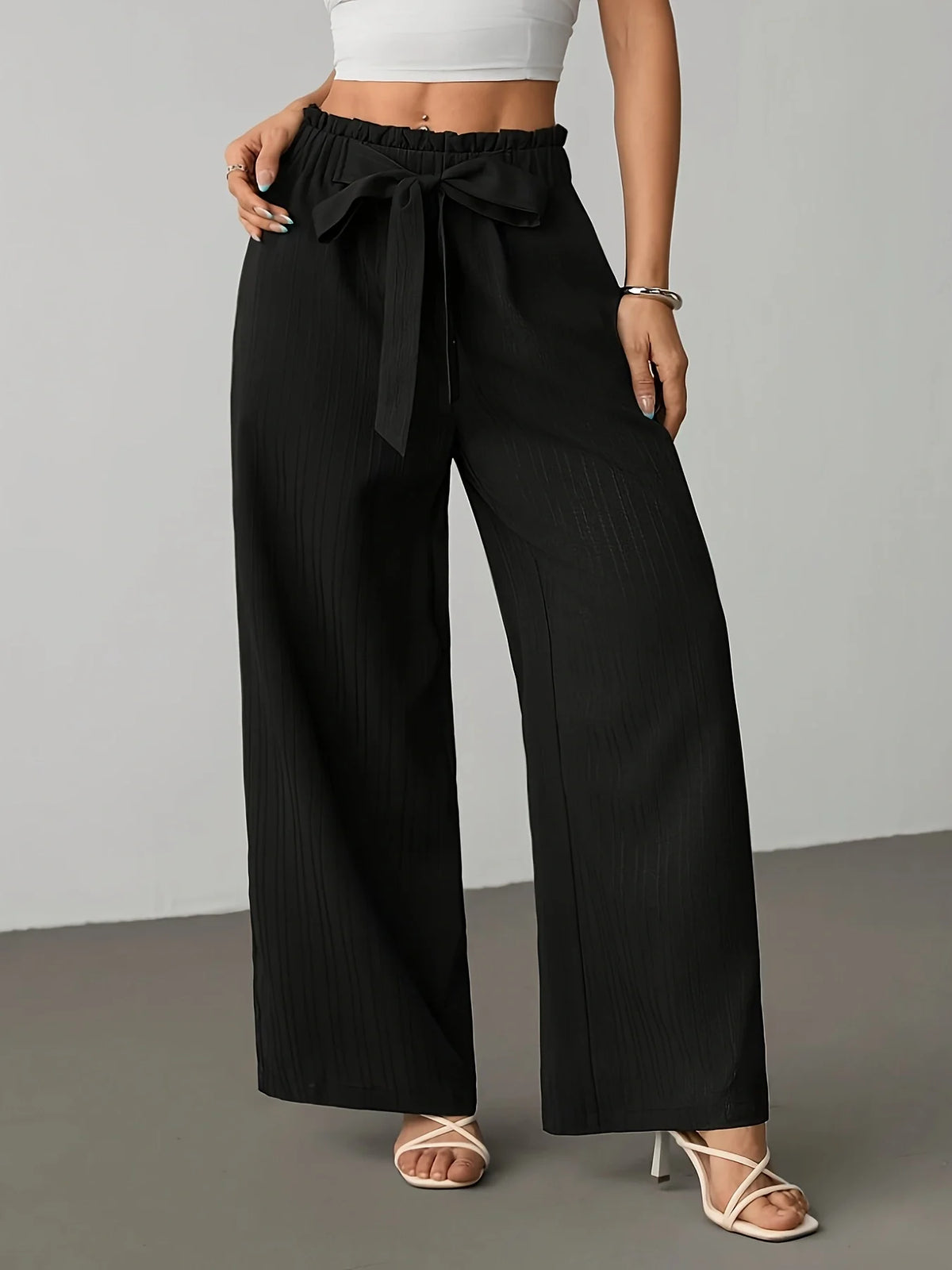 Pantaloni Larghi da Donna con Vita Arricciata e Laccio, Pantaloni Casual a Righe Drappeggiati, Pantaloni Dritti a Vita Alta e Lunghezza Maxi