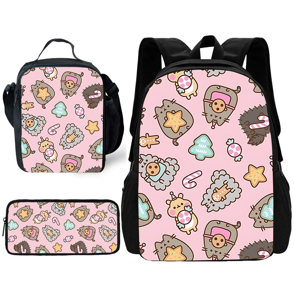 Zaino per bambini con gatti Kawaii Pusheens per la scuola con borse per il pranzo, borse per matite, borse per la scuola per ragazzi e ragazze, miglior regalo