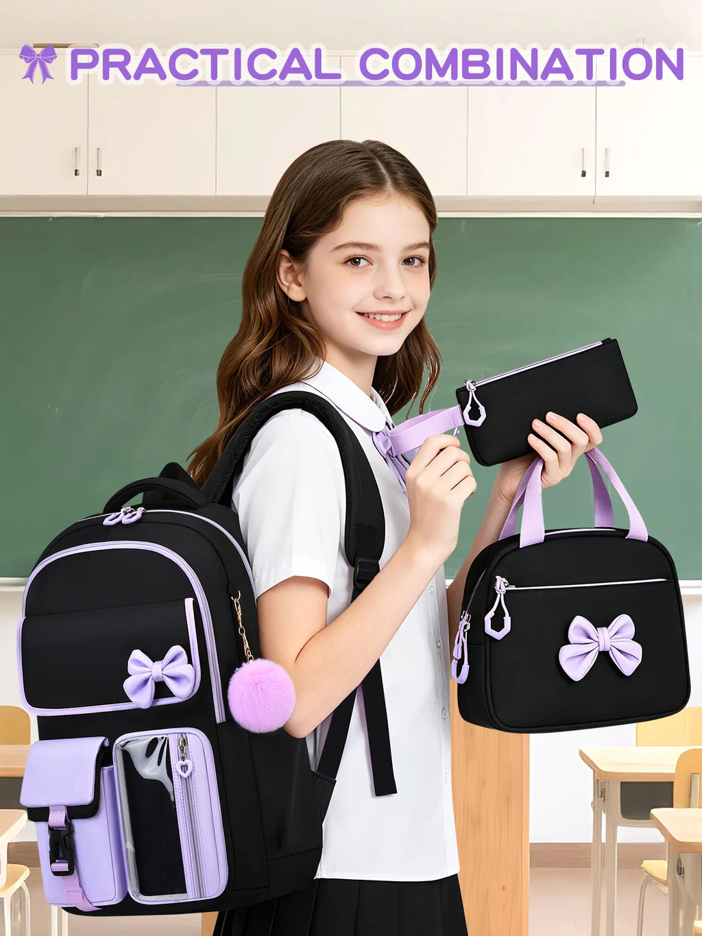 Zaino scolastico elementare multitasche per ragazze, zaino ergonomico impermeabile con fiocco, set di zaini per viaggi all'aperto e uso quotidiano